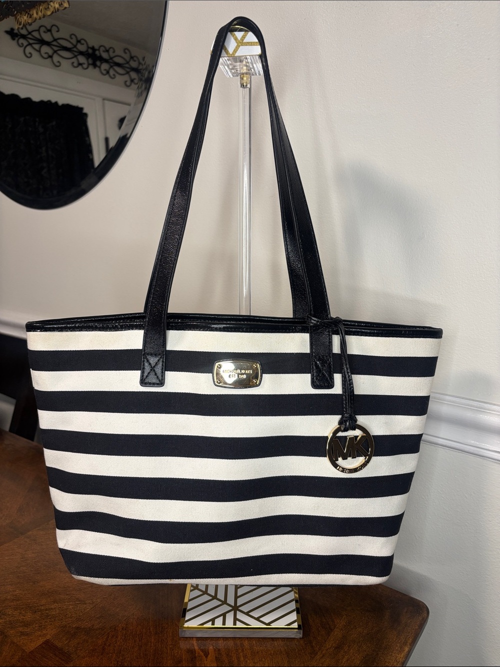 Michael Kors Black and White Striped Canvas Tote with Silver MK Charm - Picture 2 of 16